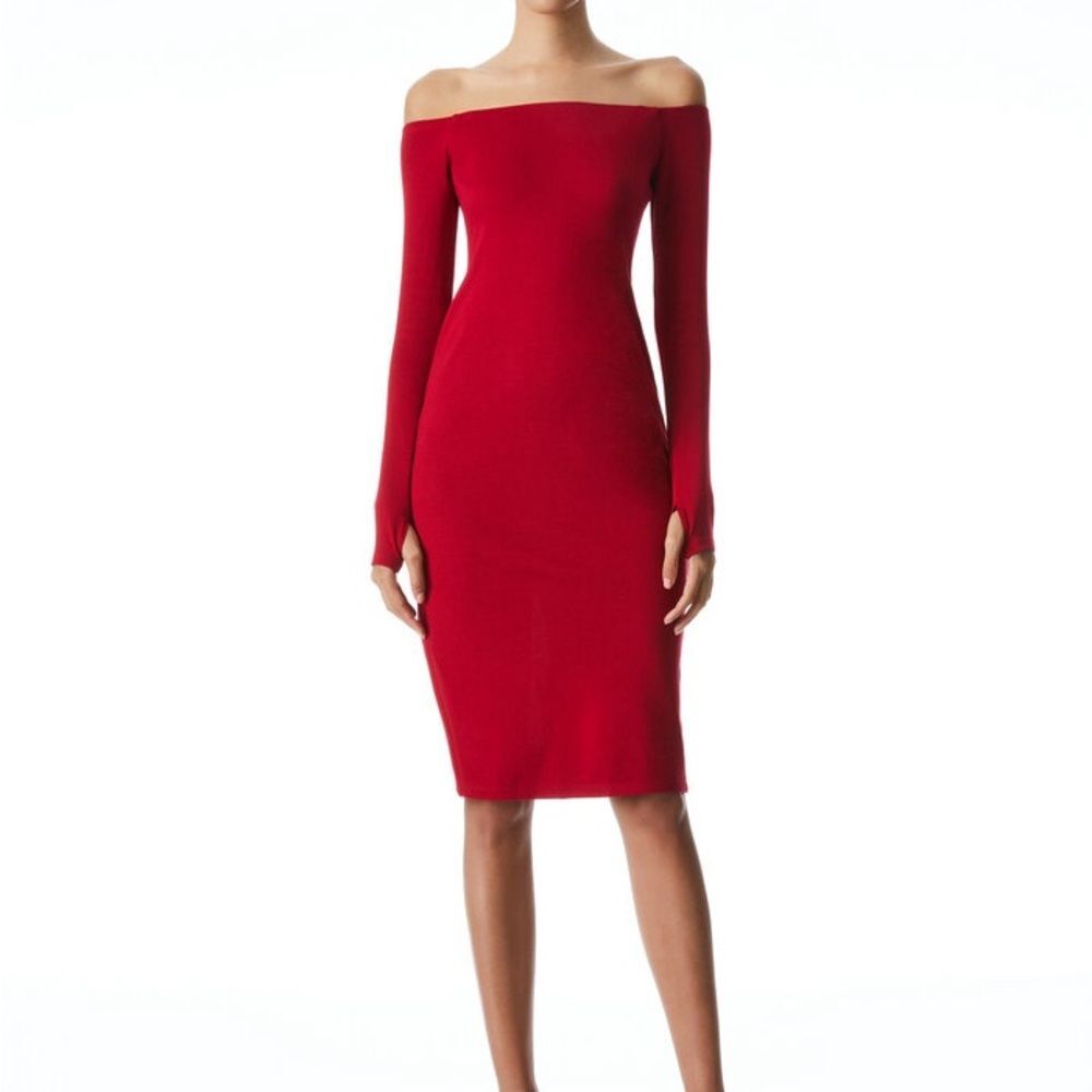 NWT Alice and Olivia Red Dorinda Off The Shoulder Deep Ruby Bodycon Midi Dress